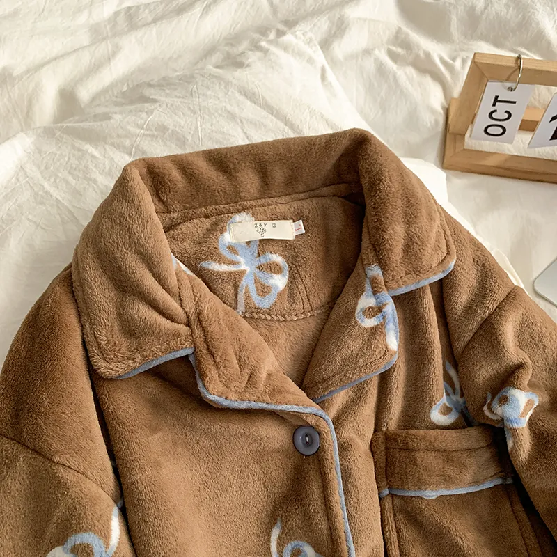 Pyjama femme à nœud style Maillard, automne-hiver, épais, velours corail, chaud, mignon, décontracté, haut de gamme, vêtement d'intérieur · Grossiste · OEM · Mondial - Detail 5