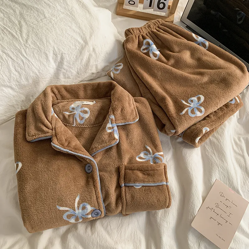 Pyjama femme à nœud style Maillard, automne-hiver, épais, velours corail, chaud, mignon, décontracté, haut de gamme, vêtement d'intérieur · Grossiste · OEM · Mondial - Detail 10