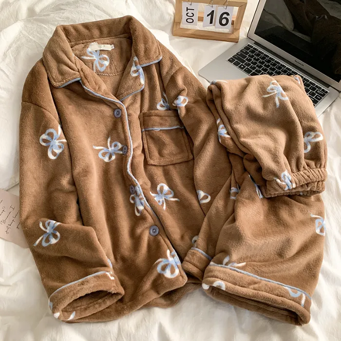 Pyjama femme à nœud style Maillard, automne-hiver, épais, velours corail, chaud, mignon, décontracté, haut de gamme, vêtement d'intérieur · Grossiste · OEM · Mondial - Detail 1