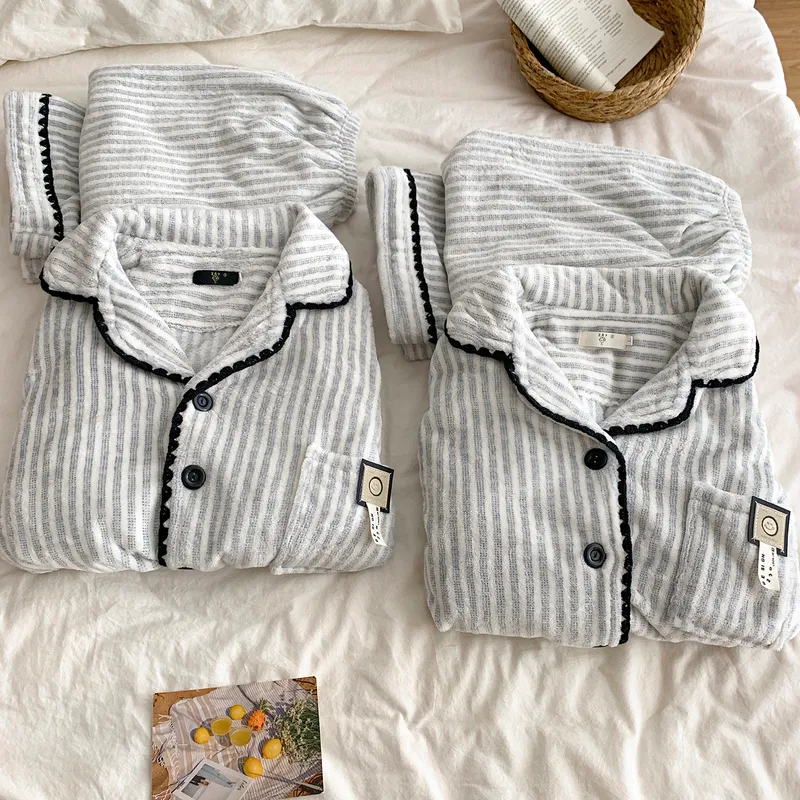 Korean Minimalist Premium Striped Couple Pajamas Women's Thickened Warm Flannel Men's Skin-Friendly Autumn Winter Loungewear · Wholesale · OEM · Worldwide Shipping - View 2