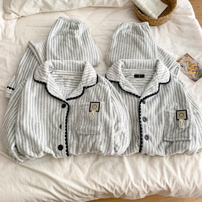 Korean Minimalist Premium Striped Couple Pajamas Women's Thickened Warm Flannel Men's Skin-Friendly Autumn Winter Loungewear · Wholesale · OEM · Worldwide Shipping - View 1