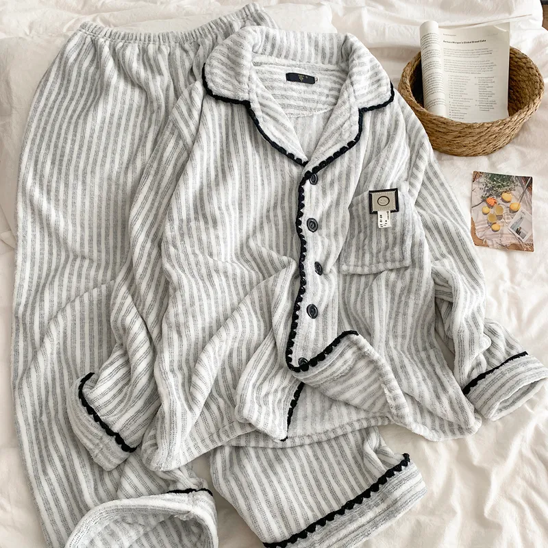 Korean Minimalist Premium Striped Couple Pajamas Women's Thickened Warm Flannel Men's Skin-Friendly Autumn Winter Loungewear · Wholesale · OEM · Worldwide Shipping - View 3