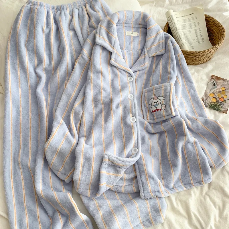 Cartoon Puppy Pajamas Women Striped Flannel Couple Thickened Fleece Winter Men's and Women's 2026 Loungewear · Wholesale · OEM · Worldwide Shipping - View 3