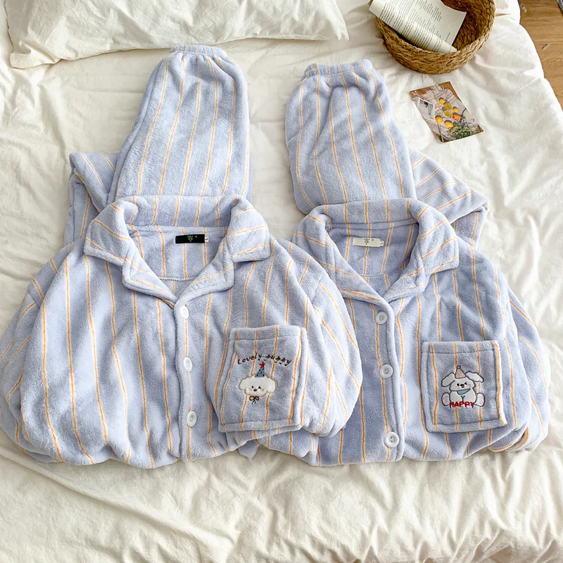 Cartoon Puppy Pajamas Women Striped Flannel Couple Thickened Fleece Winter Men's and Women's 2026 Loungewear