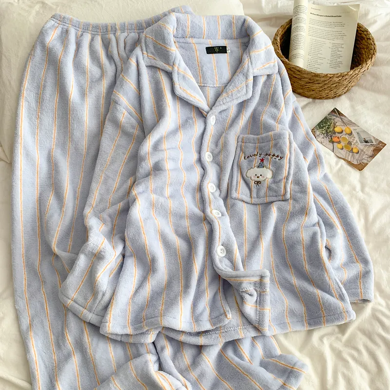Cartoon Puppy Pajamas Women Striped Flannel Couple Thickened Fleece Winter Men's and Women's 2026 Loungewear · Wholesale · OEM · Worldwide Shipping - View 4