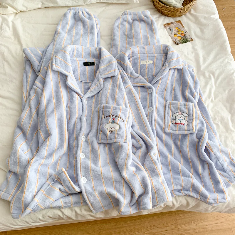 Cartoon Puppy Pajamas Women Striped Flannel Couple Thickened Fleece Winter Men's and Women's 2026 Loungewear · Wholesale · OEM · Worldwide Shipping - View 1
