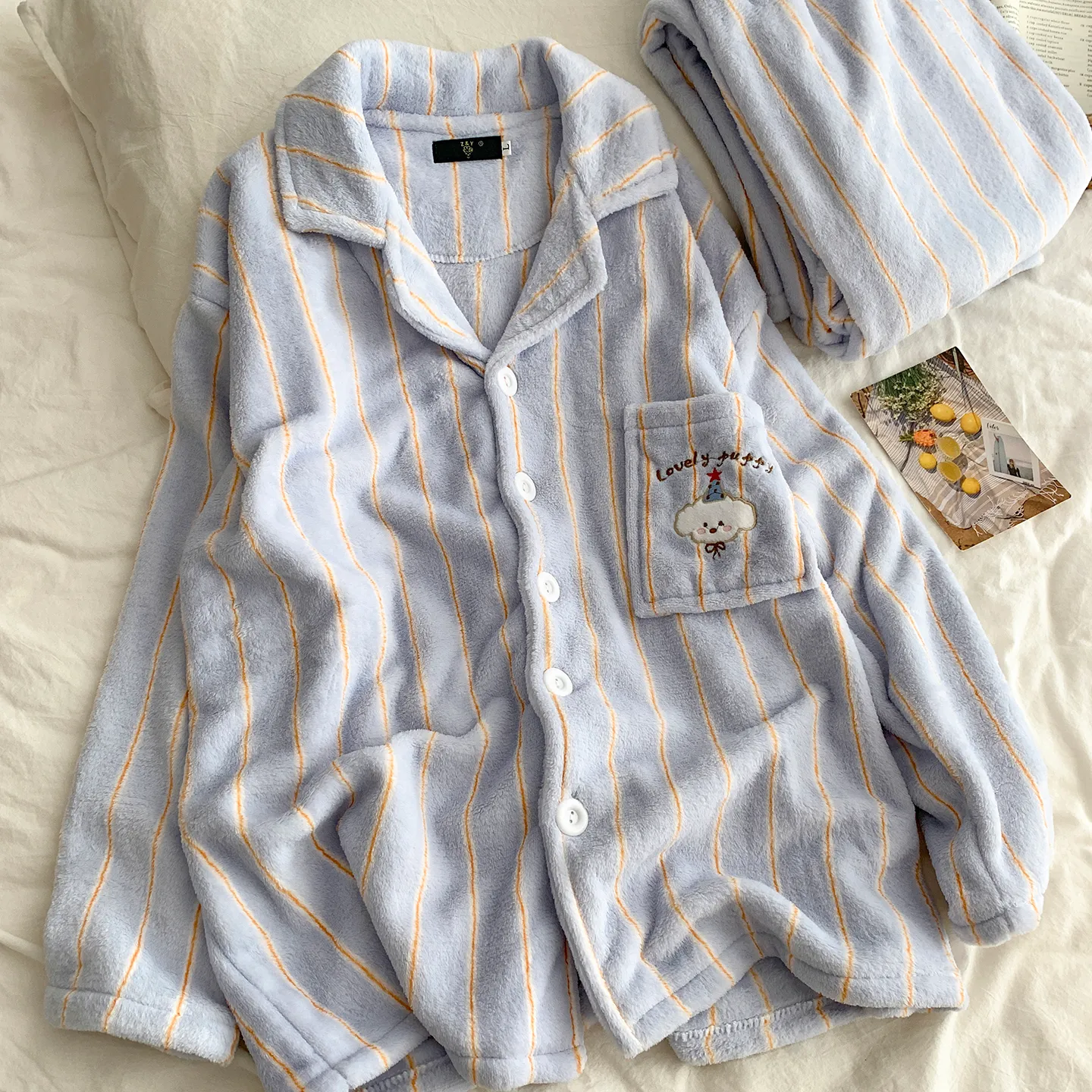 Cartoon Puppy Pajamas Women Striped Flannel Couple Thickened Fleece Winter Men's and Women's 2026 Loungewear · Wholesale · OEM · Worldwide Shipping - Detail 20