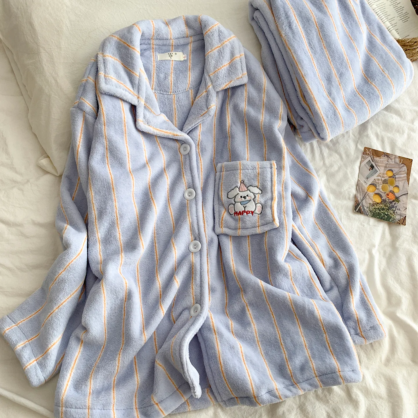 Cartoon Puppy Pajamas Women Striped Flannel Couple Thickened Fleece Winter Men's and Women's 2026 Loungewear · Wholesale · OEM · Worldwide Shipping - Detail 12