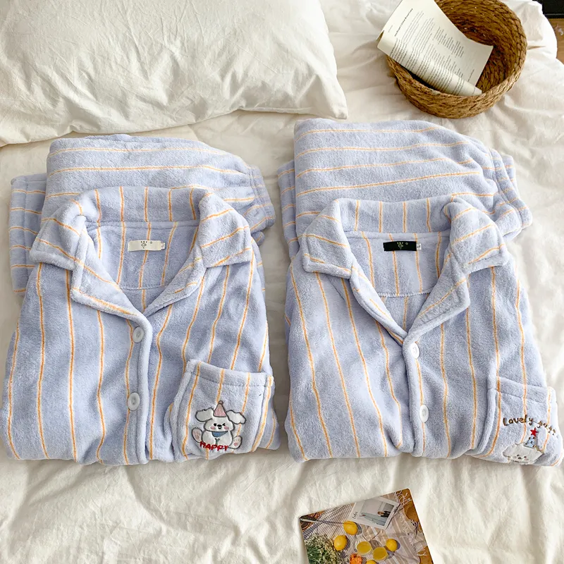 Cartoon Puppy Pajamas Women Striped Flannel Couple Thickened Fleece Winter Men's and Women's 2026 Loungewear · Wholesale · OEM · Worldwide Shipping - View 2