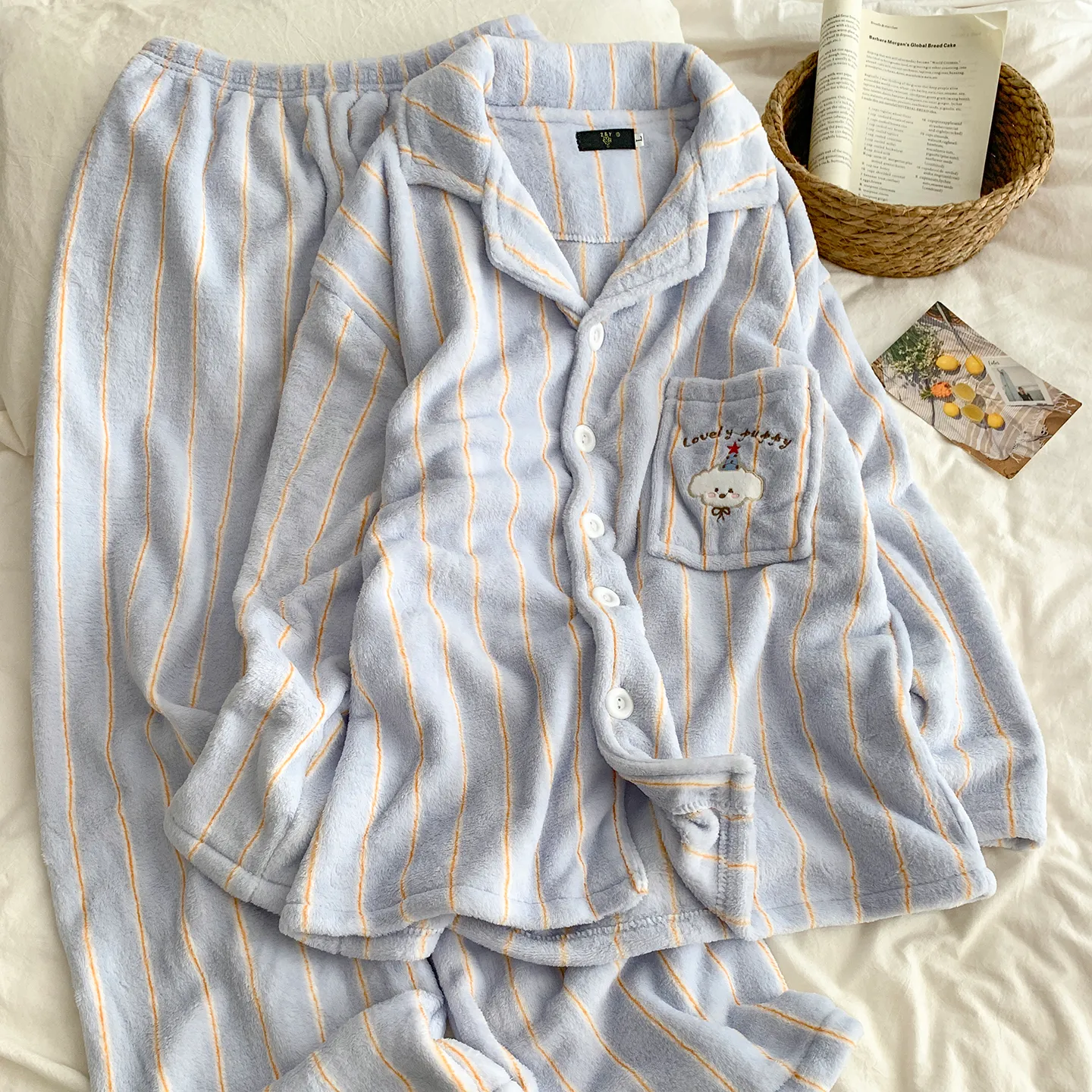 Cartoon Puppy Pajamas Women Striped Flannel Couple Thickened Fleece Winter Men's and Women's 2026 Loungewear · Wholesale · OEM · Worldwide Shipping - Detail 15