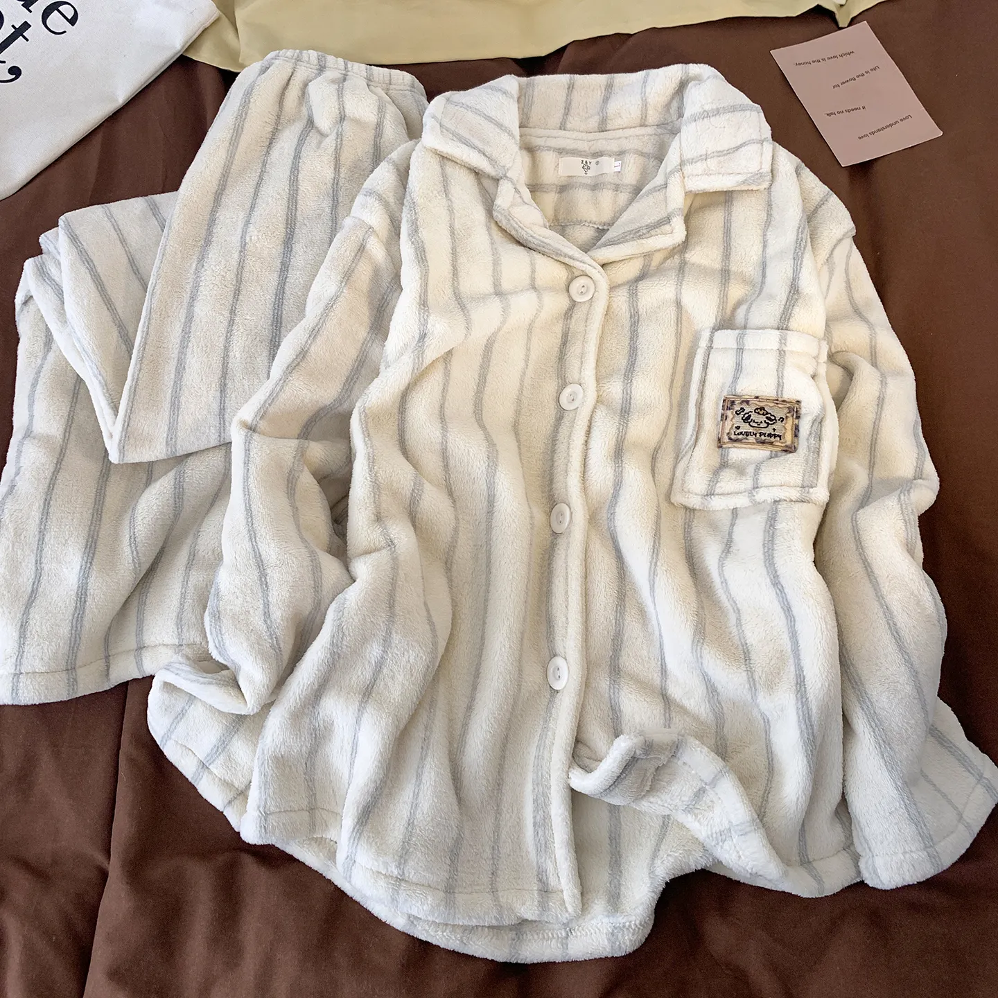 Striped Cartoon Puppy Pajamas Women Striped Flannel Couple Thickened Fleece Winter Men's and Women's 2026 Loungewear · Wholesale · OEM · Worldwide Shipping - Detail 7