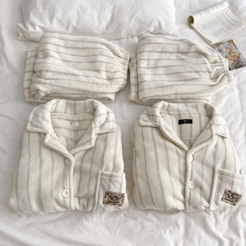 Striped Cartoon Puppy Pajamas Women Striped Flannel Couple Thickened Fleece Winter Men's and Women's 2026 Loungewear · Wholesale · OEM · Worldwide Shipping - View 2