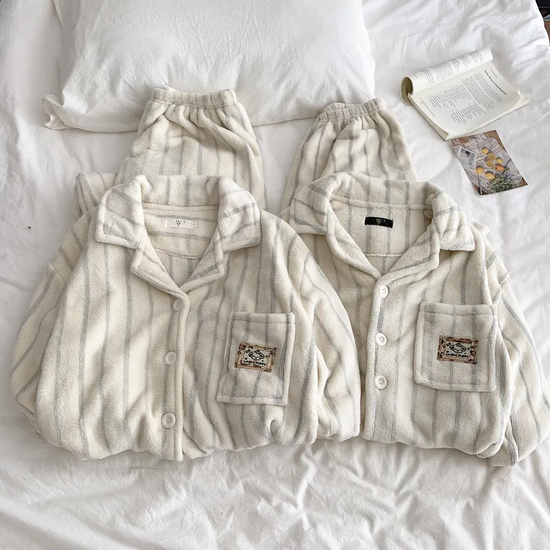 Striped Cartoon Puppy Pajamas Women Striped Flannel Couple Thickened Fleece Winter Men's and Women's 2026 Loungewear