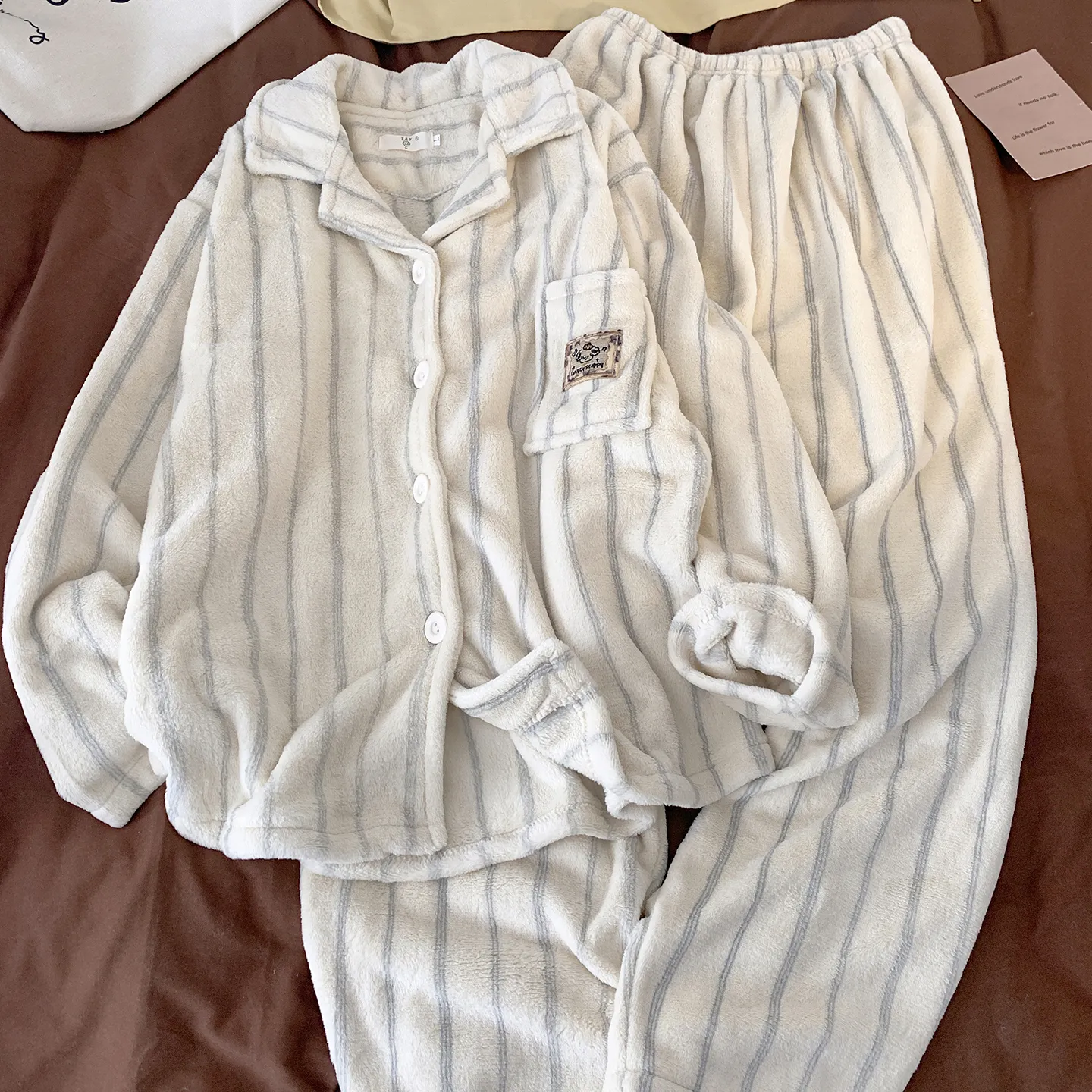 Striped Cartoon Puppy Pajamas Women Striped Flannel Couple Thickened Fleece Winter Men's and Women's 2026 Loungewear · Wholesale · OEM · Worldwide Shipping - Detail 3
