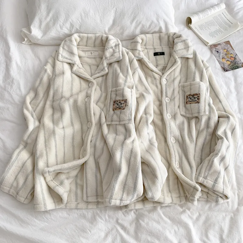 Striped Cartoon Puppy Pajamas Women Striped Flannel Couple Thickened Fleece Winter Men's and Women's 2026 Loungewear · Wholesale · OEM · Worldwide Shipping - View 1