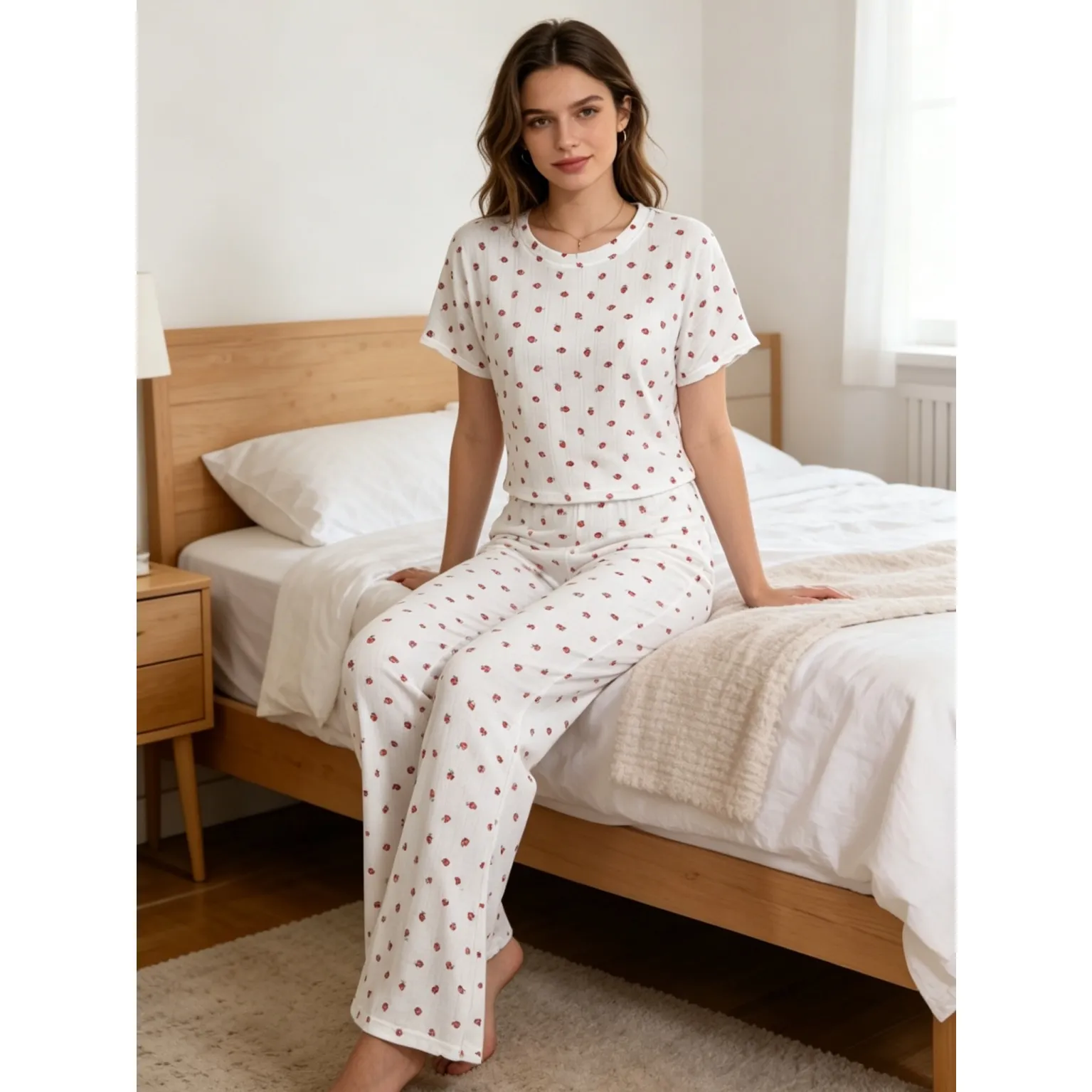 Wholesale Cross-Border Western-Style Women's Pajama Set, Heart Print Short Sleeve Top and Long Pants, Casual Two-Piece Loungewear · Wholesale · OEM · Worldwide Shipping - View 2