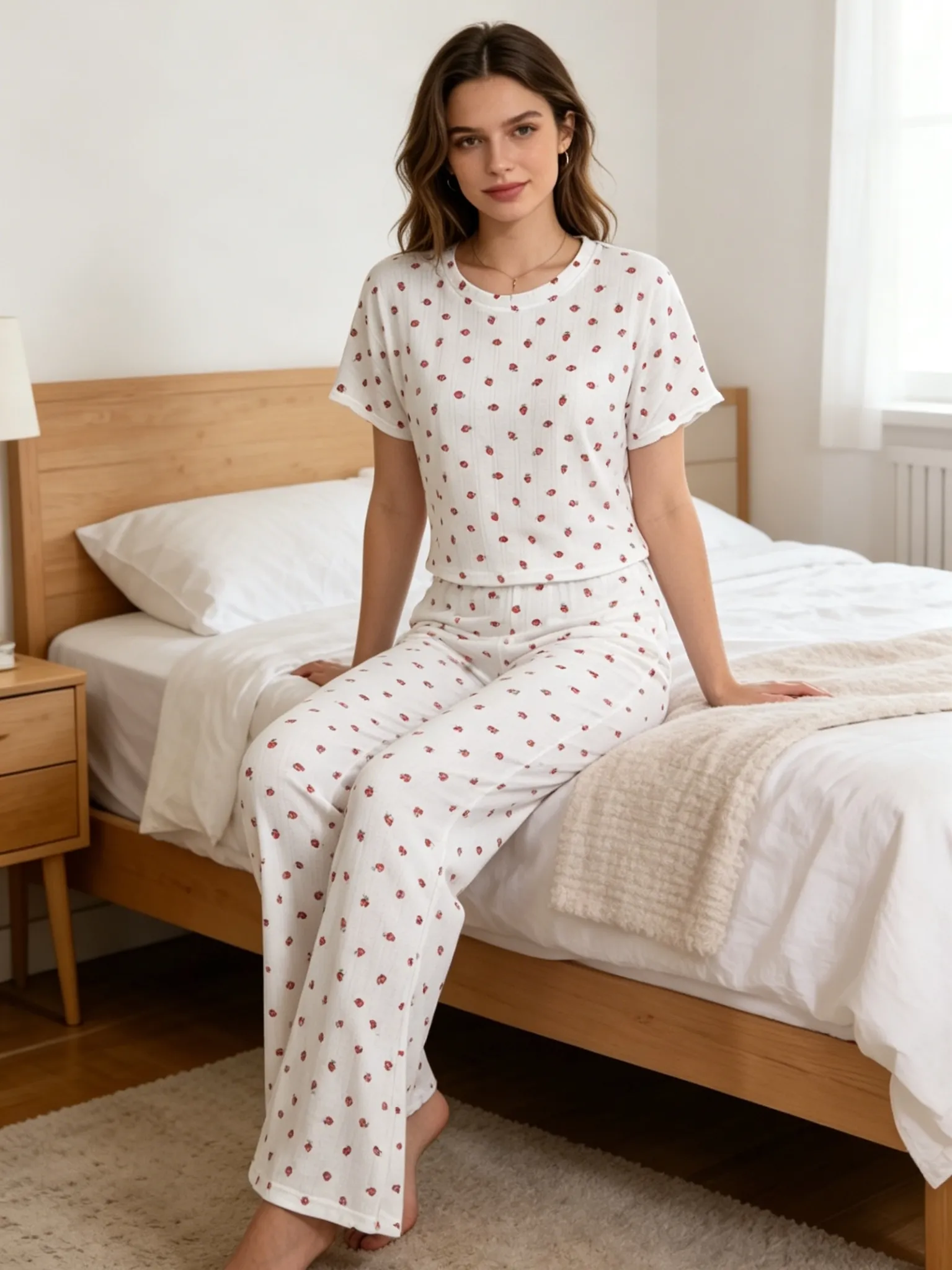 Wholesale Cross-Border Western-Style Women's Pajama Set, Heart Print Short Sleeve Top and Long Pants, Casual Two-Piece Loungewear · Wholesale · OEM · Worldwide Shipping - Detail 3