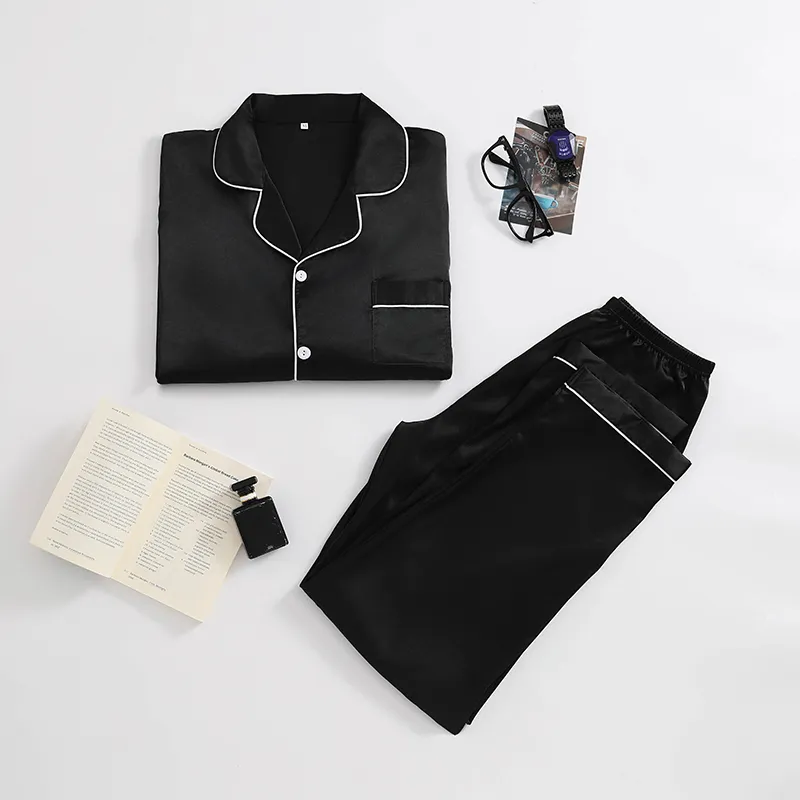 Cross-Border Export Faux Silk Long Sleeve Long Pants Loungewear, European & American Style, Men's Solid Color Casual 2-Piece Pajama Set · Wholesale · OEM · Worldwide Shipping - View 3