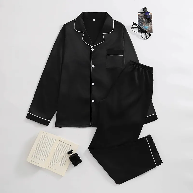 Cross-Border Export Faux Silk Long Sleeve Long Pants Loungewear, European & American Style, Men's Solid Color Casual 2-Piece Pajama Set · Wholesale · OEM · Worldwide Shipping