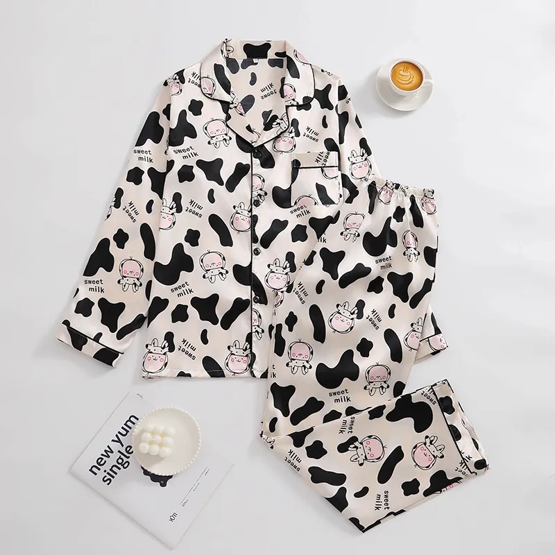 Export-Only Animal Cow Print Faux Silk Men's Pajama Set, Long Sleeve Long Pants, Casual 2-Piece Loungewear · Wholesale · OEM · Worldwide Shipping