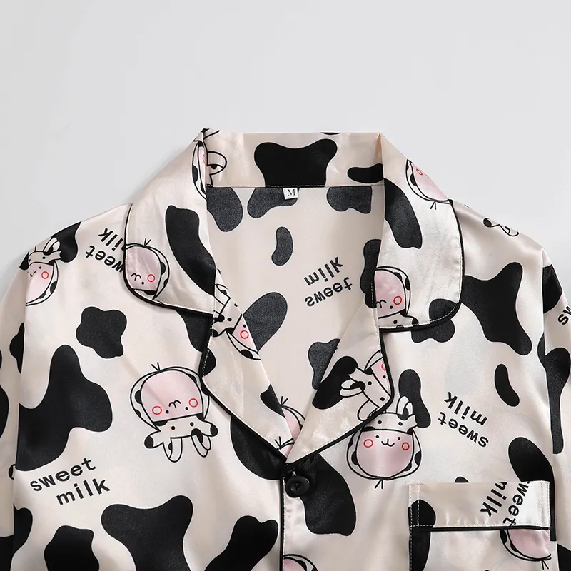Export-Only Animal Cow Print Faux Silk Men's Pajama Set, Long Sleeve Long Pants, Casual 2-Piece Loungewear · Wholesale · OEM · Worldwide Shipping - Detail 1