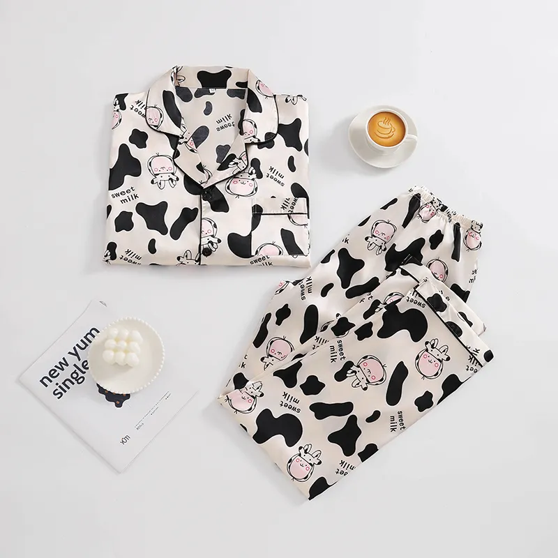 Export-Only Animal Cow Print Faux Silk Men's Pajama Set, Long Sleeve Long Pants, Casual 2-Piece Loungewear · Wholesale · OEM · Worldwide Shipping - View 3