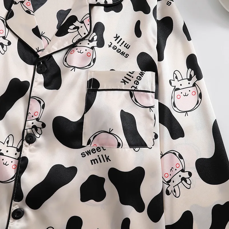 Export-Only Animal Cow Print Faux Silk Men's Pajama Set, Long Sleeve Long Pants, Casual 2-Piece Loungewear · Wholesale · OEM · Worldwide Shipping - Detail 2