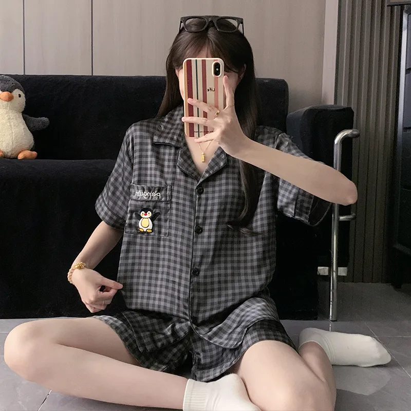 Cartoon Black-Gray Penguin Pajamas for Women, Simple Short-Sleeve Shorts Two-Piece Set, Lightweight Homewear for Summer · Wholesale · OEM · Worldwide Shipping - View 1