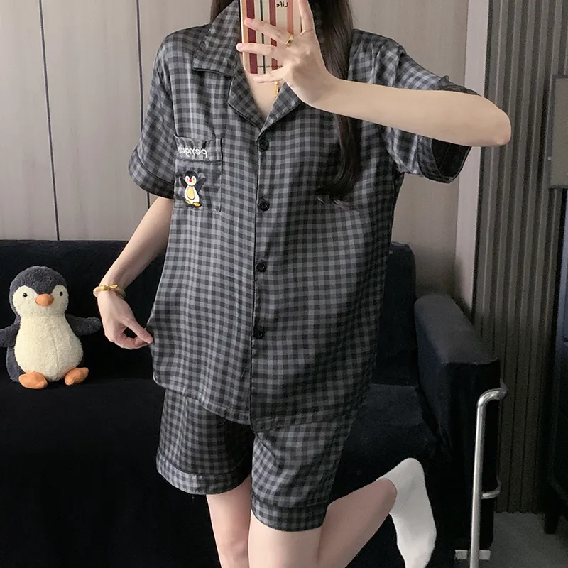 Cartoon Black-Gray Penguin Pajamas for Women, Simple Short-Sleeve Shorts Two-Piece Set, Lightweight Homewear for Summer · Wholesale · OEM · Worldwide Shipping - Detail 8