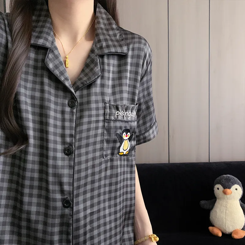 Cartoon Black-Gray Penguin Pajamas for Women, Simple Short-Sleeve Shorts Two-Piece Set, Lightweight Homewear for Summer · Wholesale · OEM · Worldwide Shipping - Detail 7
