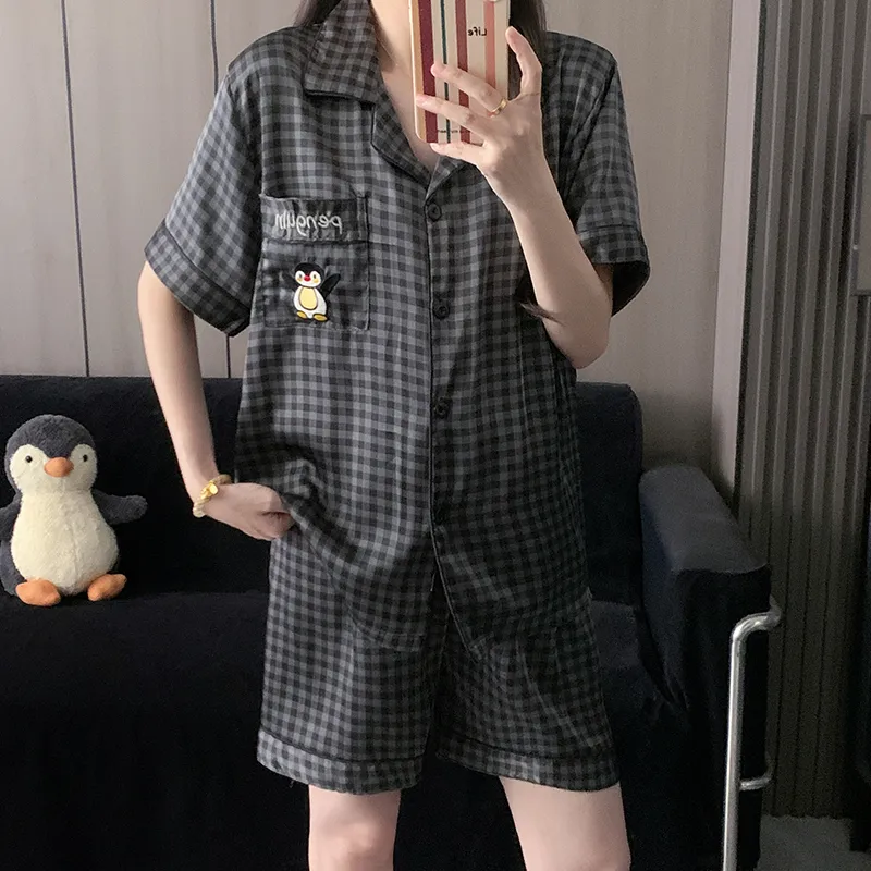 Cartoon Black-Gray Penguin Pajamas for Women, Simple Short-Sleeve Shorts Two-Piece Set, Lightweight Homewear for Summer · Wholesale · OEM · Worldwide Shipping - View 3