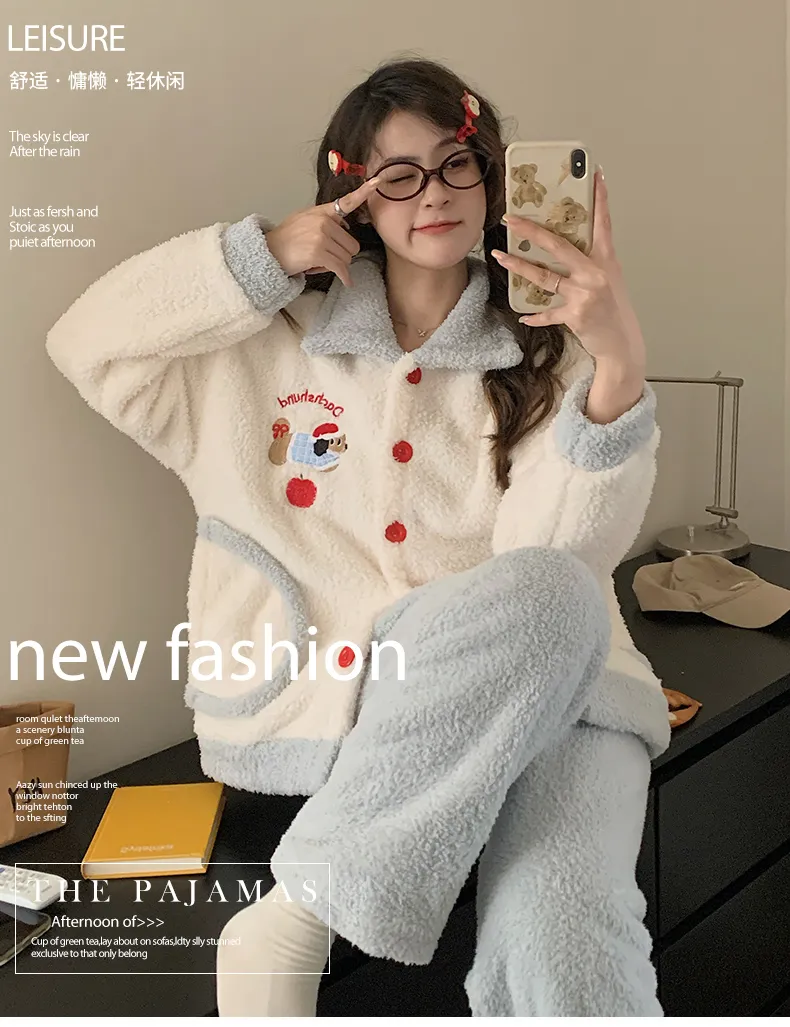 Pyjama femme chien et pomme de Noël en velours double face mi-moelleux, hiver, mignon, grande taille 220 jin, tenue d'intérieur · Grossiste · OEM · Mondial - Detail 1