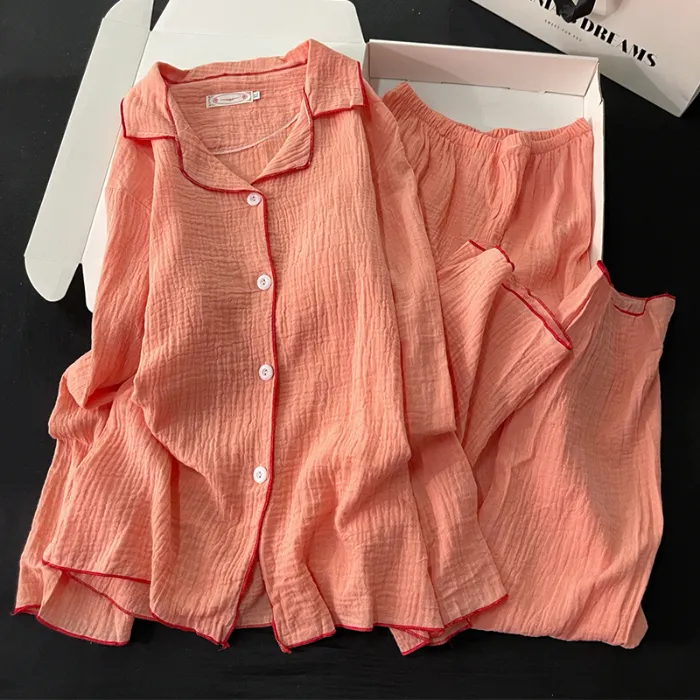 Xinyi 가을 신상 버블 코튼 거즈 파자마 여성 긴팔 카디건 순면 전면 무지 홈웨어 · 도매 · OEM · 전 세계 배송 - Detail 1