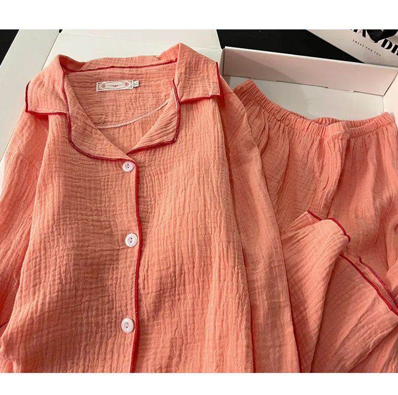 Xinyi 가을 신상 버블 코튼 거즈 파자마 여성 긴팔 카디건 순면 전면 무지 홈웨어 · 도매 · OEM · 전 세계 배송 - Detail 7