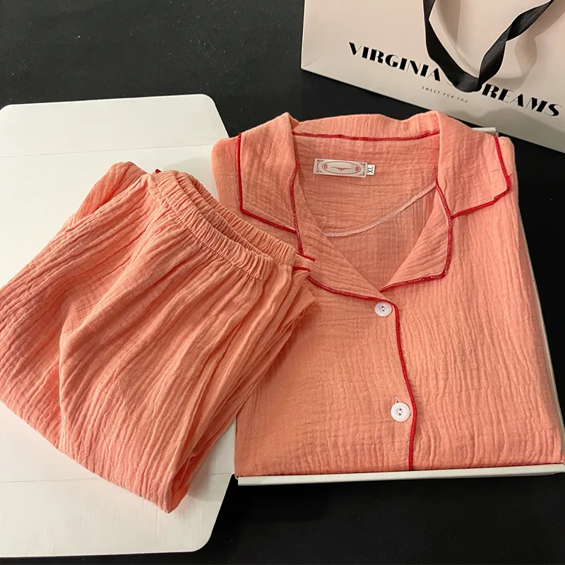 Xinyi 가을 신상 버블 코튼 거즈 파자마 여성 긴팔 카디건 순면 전면 무지 홈웨어 · 도매 · OEM · 전 세계 배송 - View 3