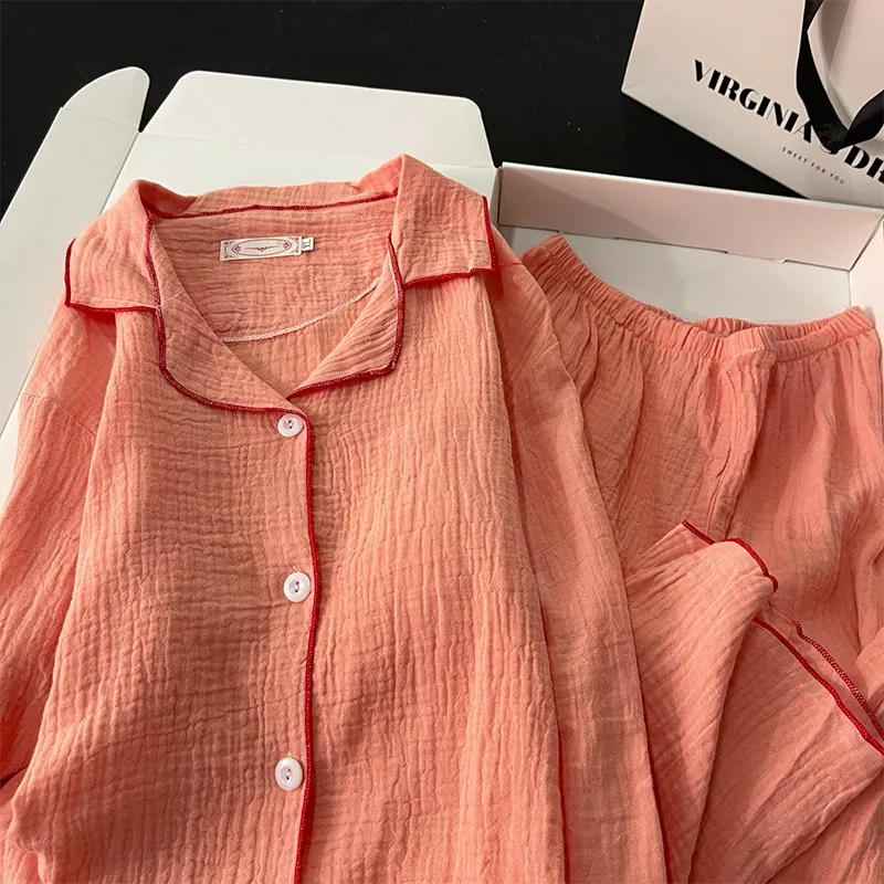 Xinyi 가을 신상 버블 코튼 거즈 파자마 여성 긴팔 카디건 순면 전면 무지 홈웨어 · 도매 · OEM · 전 세계 배송 - View 2