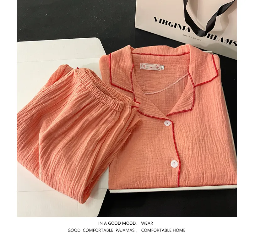 Xinyi 가을 신상 버블 코튼 거즈 파자마 여성 긴팔 카디건 순면 전면 무지 홈웨어 · 도매 · OEM · 전 세계 배송 - Detail 6