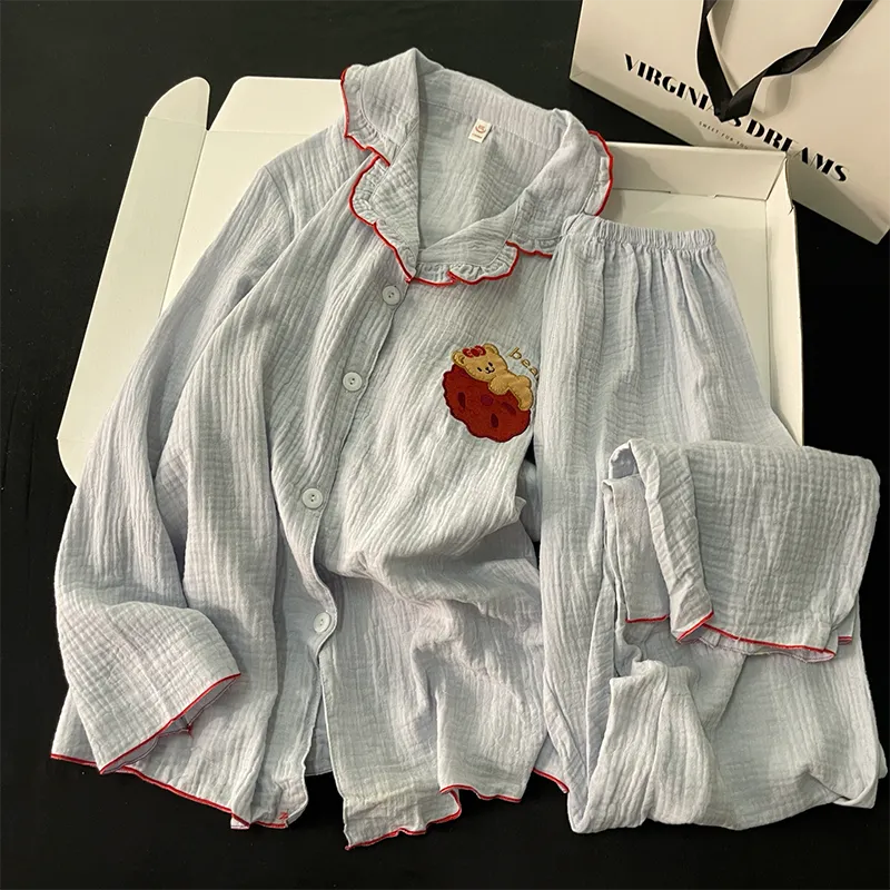 Xinyi خريف جديد بيجامة نسائية قطن فقاعي شاش طقم كارديجان قطن خالص قطن كامل سادة ملابس منزلية · بيع بالجملة · تصنيع حسب الطلب · شحن عالمي - View 3