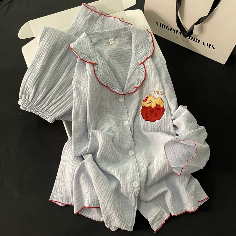 Xinyi Autumn New Pajamas Women Bubble Cotton Gauze Set Cardigan Pure Cotton All Cotton Solid Homewear · Wholesale · OEM · Worldwide Shipping