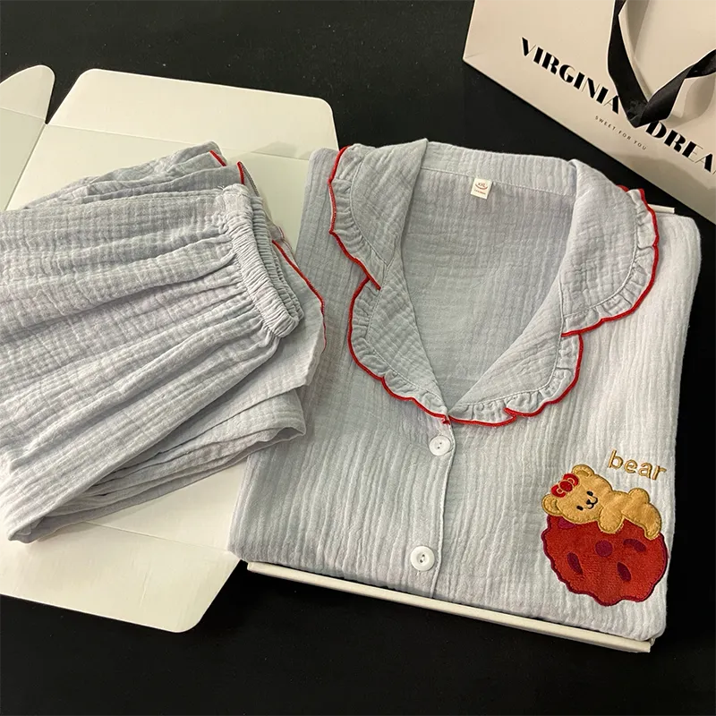 Xinyi خريف جديد بيجامة نسائية قطن فقاعي شاش طقم كارديجان قطن خالص قطن كامل سادة ملابس منزلية · بيع بالجملة · تصنيع حسب الطلب · شحن عالمي - View 2