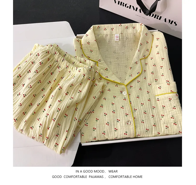 Manjiafen バブルコットン ガーゼ 長袖 カーディガン パジャマ レディース 純綿 秋新作 全綿 無地 セット · 卸売 · OEM · 世界へ発送 - Detail 7