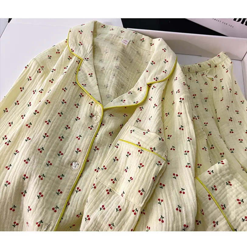 Manjiafen バブルコットン ガーゼ 長袖 カーディガン パジャマ レディース 純綿 秋新作 全綿 無地 セット · 卸売 · OEM · 世界へ発送 - Detail 8