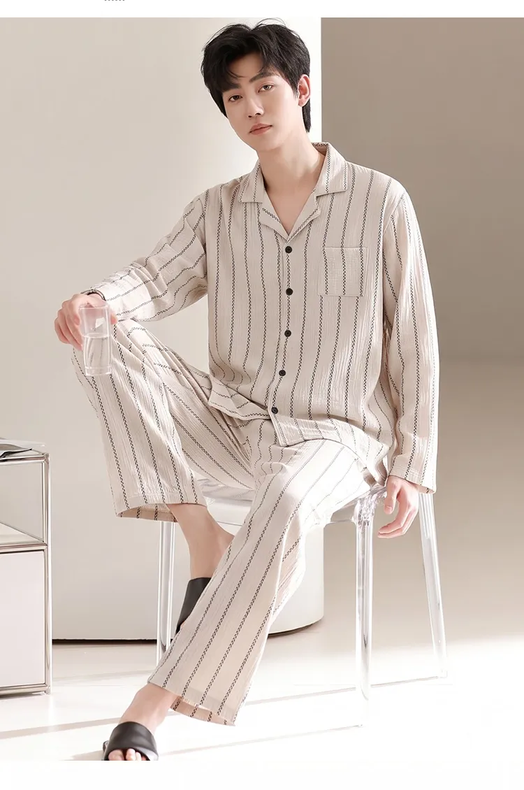 Men's Cotton Gauze Pajama Set, Open-Front Long Sleeve Top and Long Pants, Four Sizes L-3XL · Wholesale · OEM · Worldwide Shipping - Detail 6