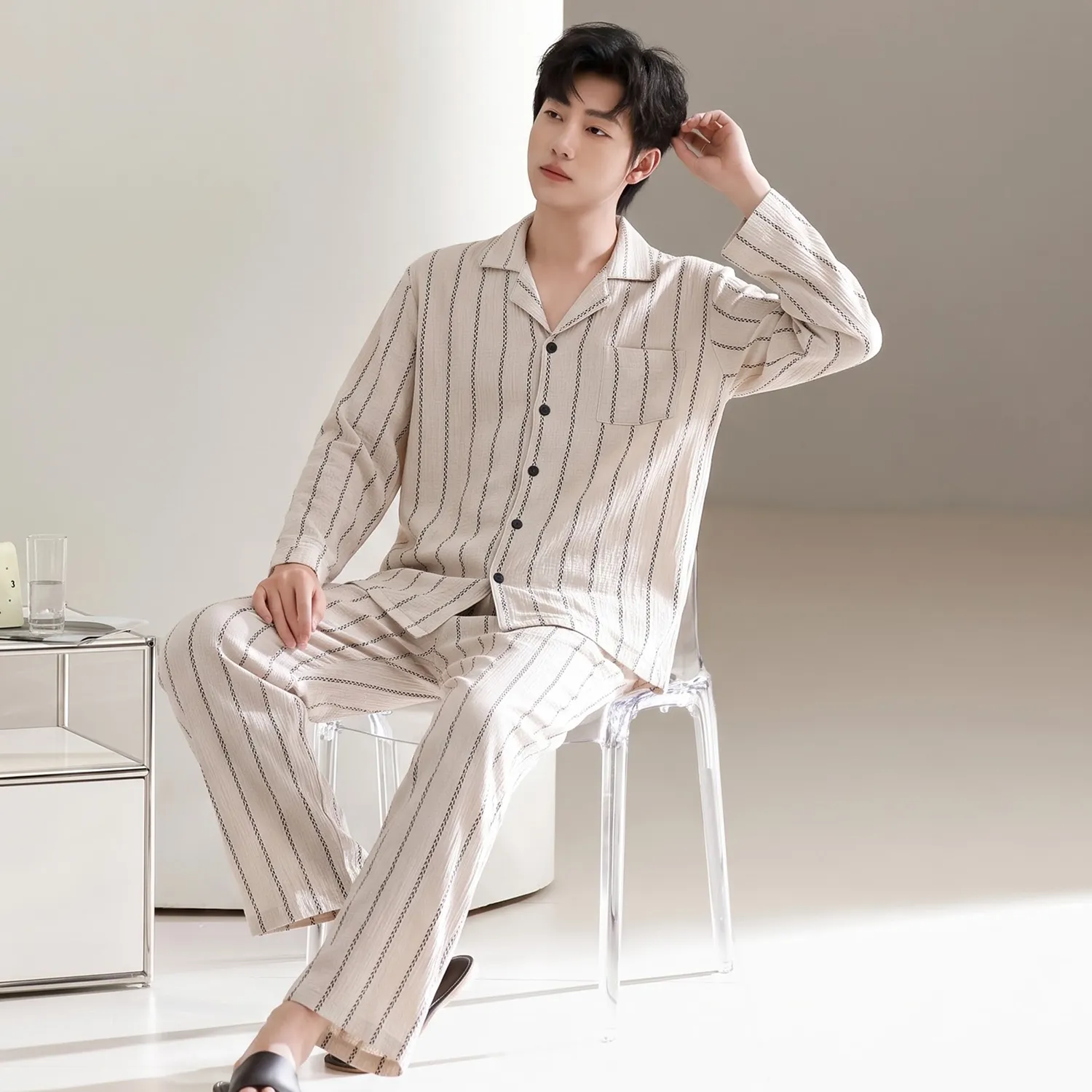 Men's Cotton Gauze Pajama Set, Open-Front Long Sleeve Top and Long Pants, Four Sizes L-3XL · Wholesale · OEM · Worldwide Shipping - View 2