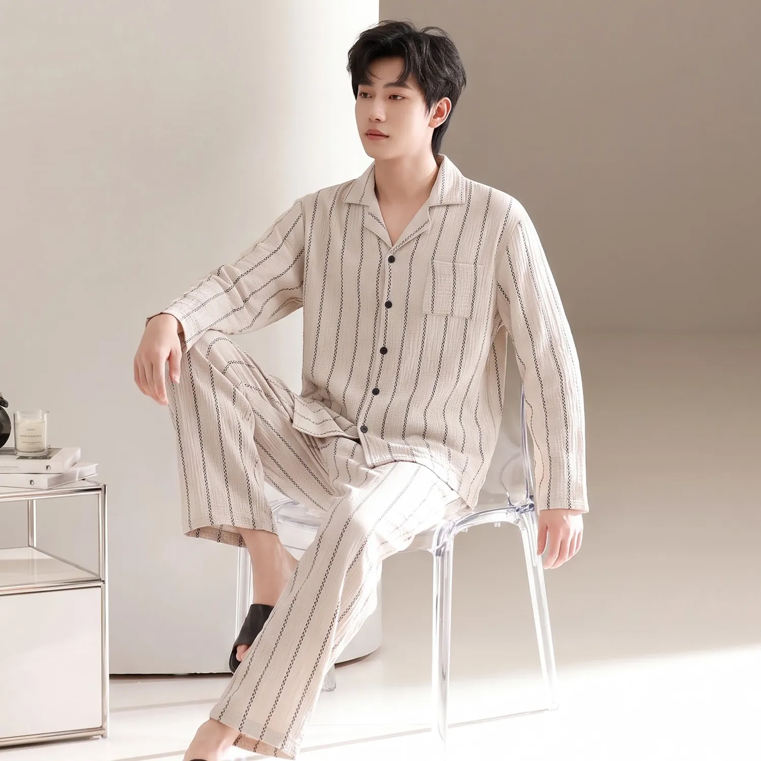 Men's Cotton Gauze Pajama Set, Open-Front Long Sleeve Top and Long Pants, Four Sizes L-3XL · Wholesale · OEM · Worldwide Shipping - View 3