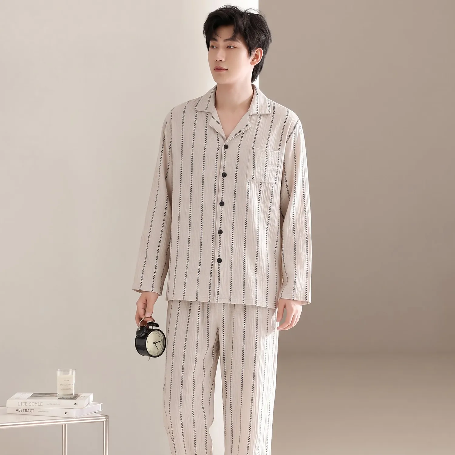 Men's Cotton Gauze Pajama Set, Open-Front Long Sleeve Top and Long Pants, Four Sizes L-3XL · Wholesale · OEM · Worldwide Shipping - View 4