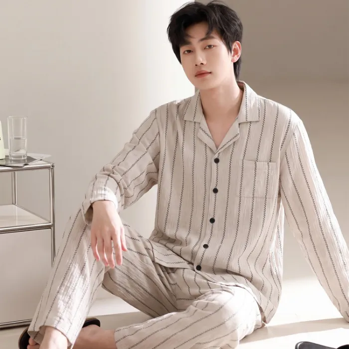 Men's Cotton Gauze Pajama Set, Open-Front Long Sleeve Top and Long Pants, Four Sizes L-3XL · Wholesale · OEM · Worldwide Shipping - Detail 1