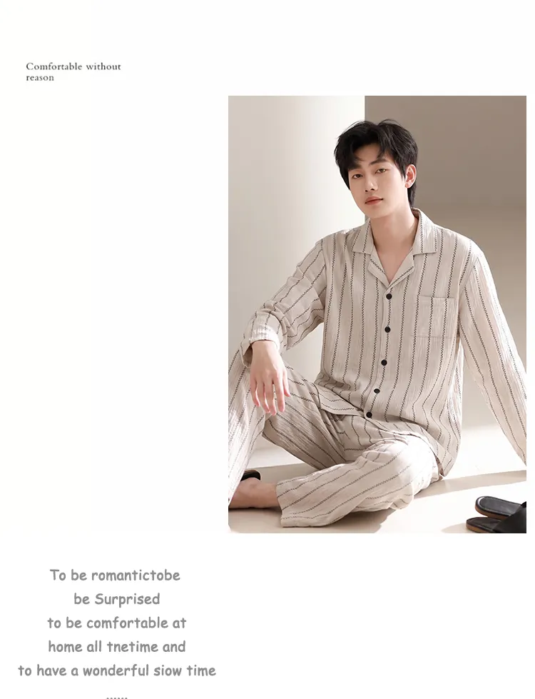 Men's Cotton Gauze Pajama Set, Open-Front Long Sleeve Top and Long Pants, Four Sizes L-3XL · Wholesale · OEM · Worldwide Shipping - Detail 5