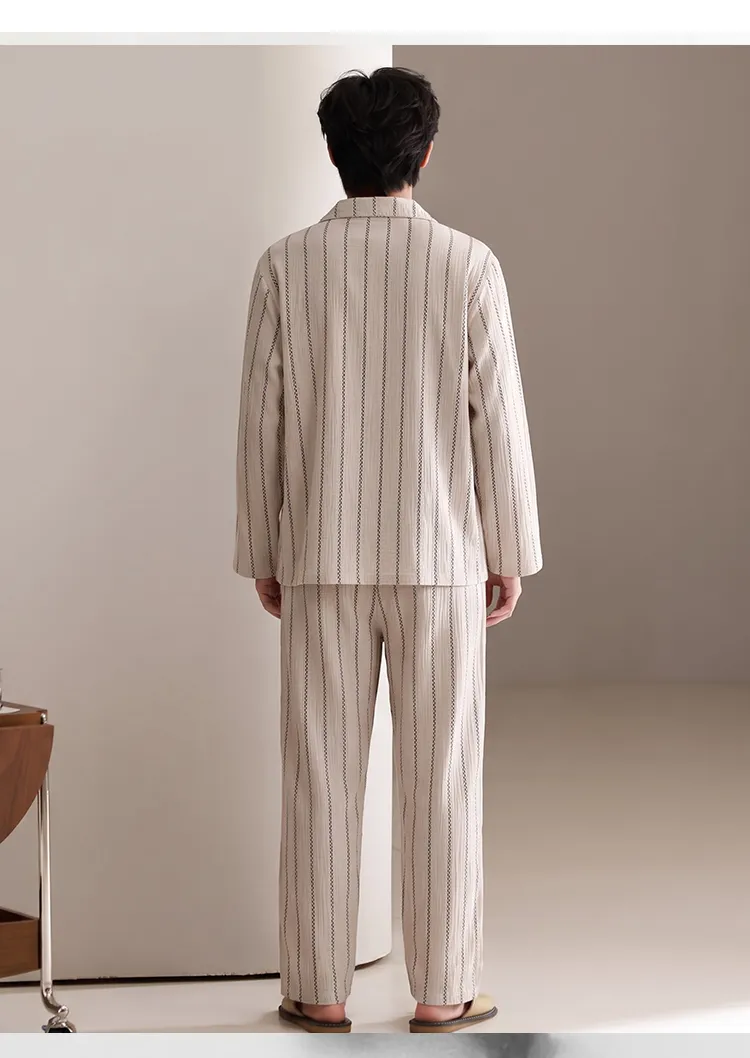 Men's Cotton Gauze Pajama Set, Open-Front Long Sleeve Top and Long Pants, Four Sizes L-3XL · Wholesale · OEM · Worldwide Shipping - Detail 10