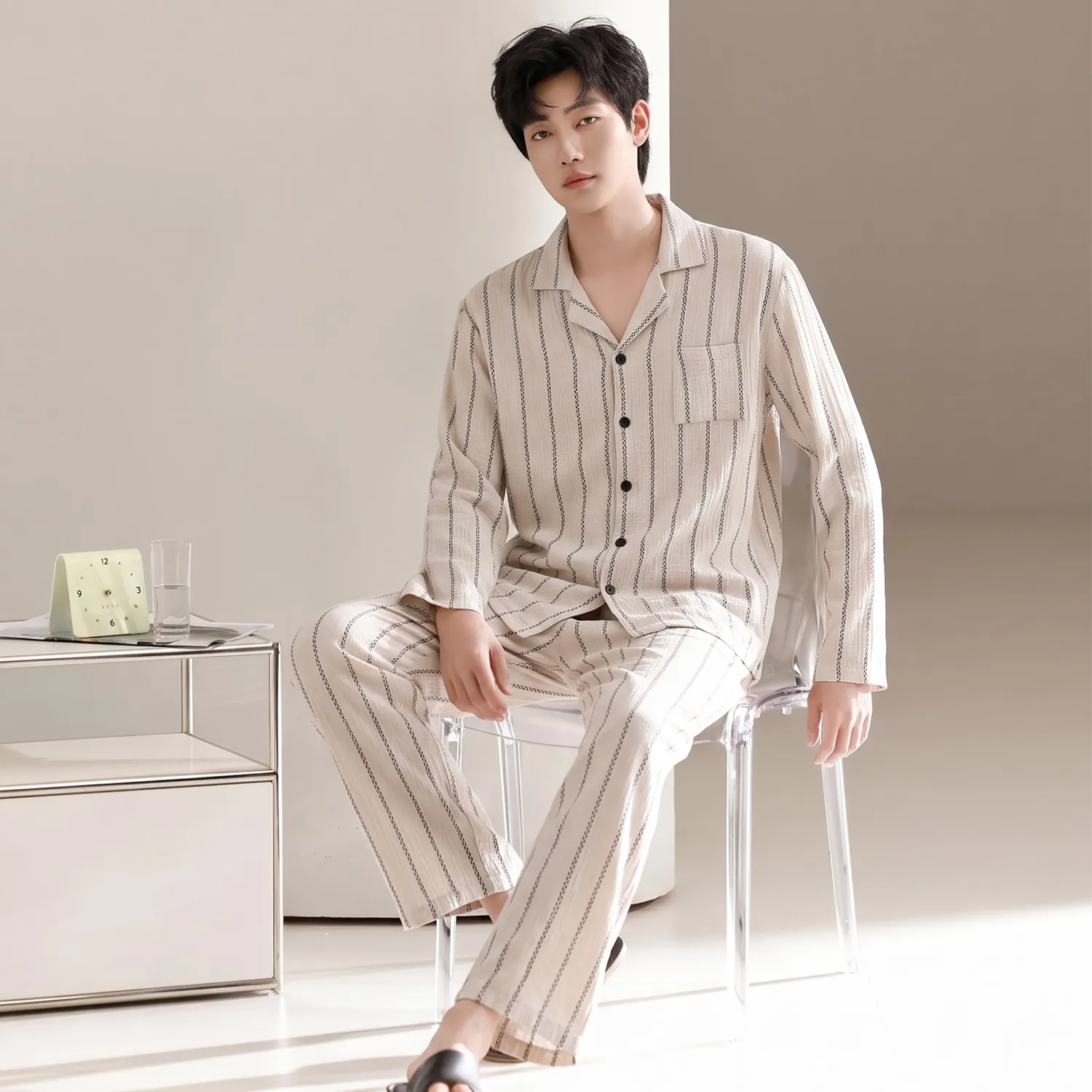 Men's Cotton Gauze Pajama Set, Open-Front Long Sleeve Top and Long Pants, Four Sizes L-3XL · Wholesale · OEM · Worldwide Shipping - View 1